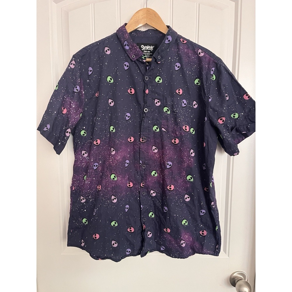 Spencer's Purple Galaxy Alien Button Up Mens Large Shirt Neon Space 026